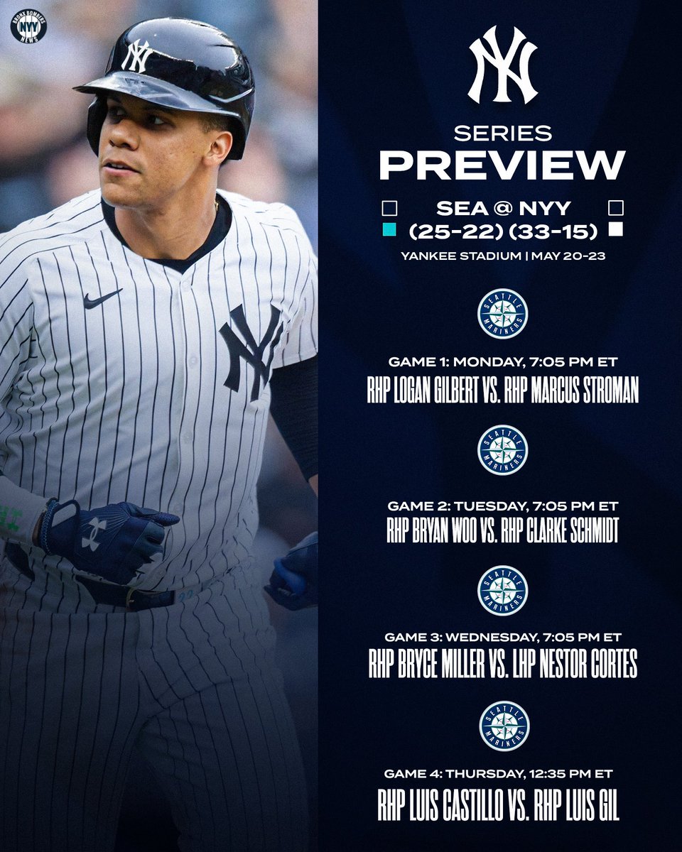 The #Yankees continue their homestand tonight when they open a four-game series with the #Mariners.