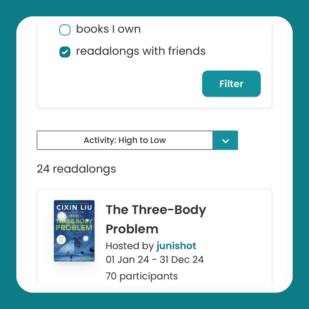 All of the filters on the public readalongs page are now live! 🥳 Mix and match them to find your next perfect group read. ✨ If you use this to join your next readalong, reply to let us know!