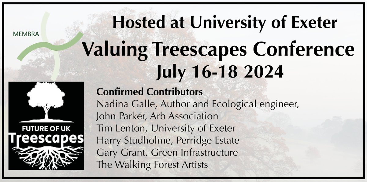 MEMBRA_Trees (@membra_trees) on Twitter photo MEMBRA are hosting an exciting free-to-attend multi-disciplinary event on 'Valuing Treescapes'
📅 July 16-18 <a href="/UniofExeter/">University of Exeter</a>
w talks from <a href="/earthtonadina/">Dr. Nadina Galle</a> <a href="/johntree1981/">JP</a> <a href="/ecoschemes/">Gary Grant</a> + interactive sessions w <a href="/WalkingForest4/">Walking Forest</a>
Registeration essential -> membra.info/event/valuing-… MEMBRA are hosting an exciting free-to-attend multi-disciplinary event on 'Valuing Treescapes'
📅 July 16-18 <a href="/UniofExeter/">University of Exeter</a>
w talks from <a href="/earthtonadina/">Dr. Nadina Galle</a> <a href="/johntree1981/">JP</a> <a href="/ecoschemes/">Gary Grant</a> + interactive sessions w <a href="/WalkingForest4/">Walking Forest</a>
Registeration essential -> membra.info/event/valuing-…