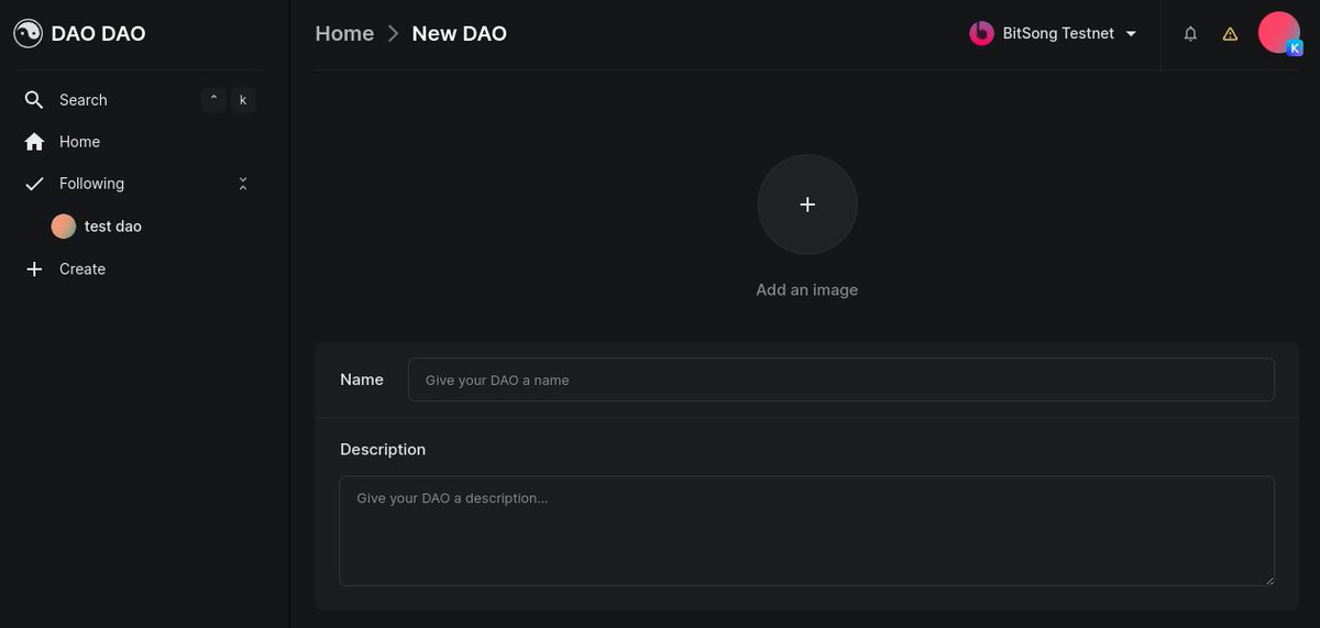 🌗🌗 DAODAO on BitSong Testnet 🔥🔥

✅ Create your own fan club
✅ Make decisions with your fans 
✅ Create your decentralized music group 
✅ Stake your Fantokens 
✅ Stake your NFTs
✅ Fantoken gamification
✅ NFTs gamification

DAODAO on BitSong is your decentralized FAN