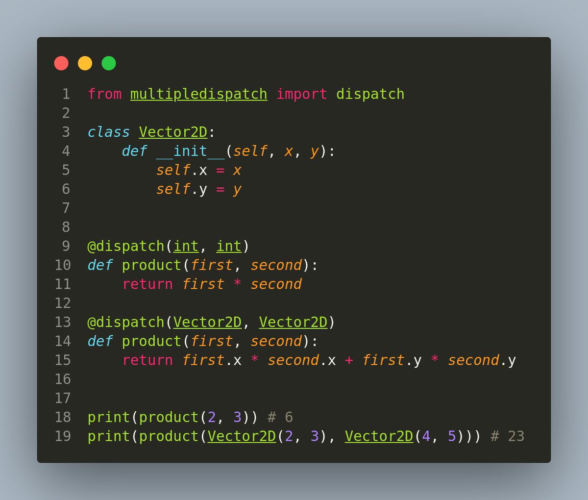 Did you know Python mimics the multiple dispatch behavior of Julia through the `multipledispatch` decorator?

#Python #JuliaLang @JuliaLanguage