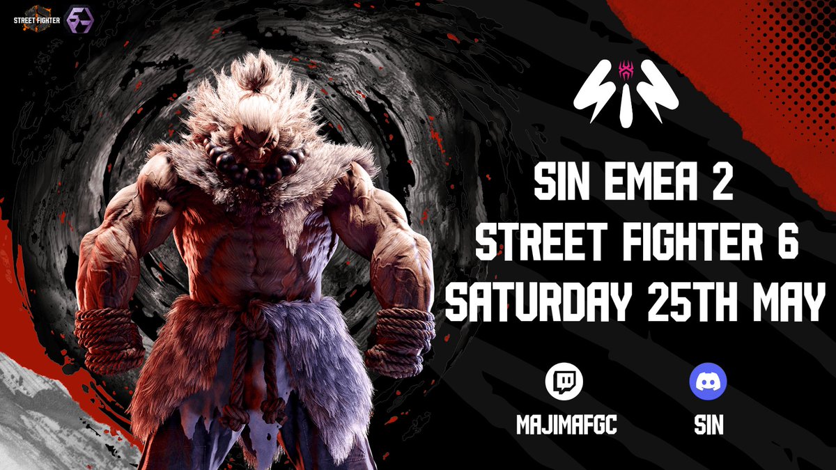 SIN EMEA #2 SF6 Online Tournament! Open to Europe, North Africa and the Middle East. We want to see some wild Akuma combo's! Saturday 25th May - 2pm BST | 3pm CEST Sign up link in Registration channel! discord.gg/Dg2v5AjDTQ #SF6 #FGC #EMEA #Akuma #SF6_Akuma