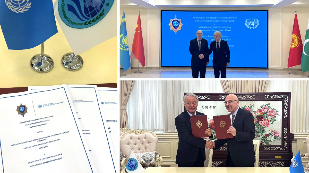 📢 Last week, USG Voronkov and Regional Anti-Terrorist Structure of Shanghai Cooperation Organisation Director, Mirzaev signed a new #SCO-RATS🤝@UN_OCT Joint Plan of Action for 2024-2026 to strengthen #CounterTerrorism initiatives across #CentralAsia #UNiteToCounterTerrorism