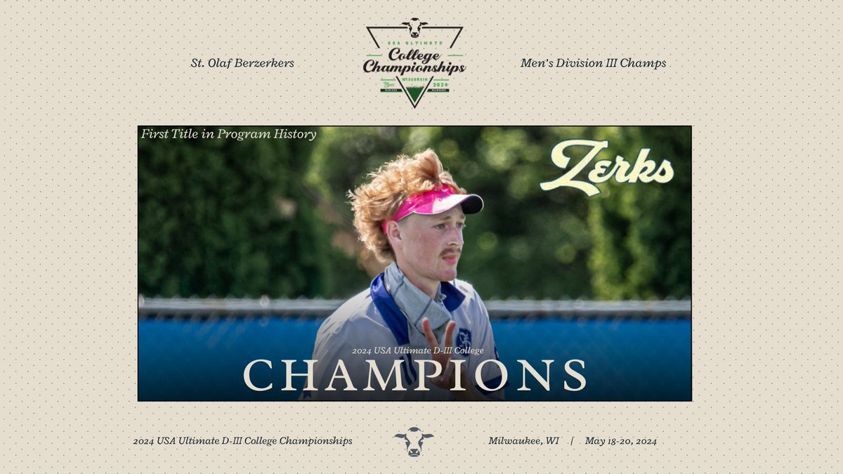 NATIONAL CHAMPIONS 🏆 The St. Olaf <a href="/ZerksUltimate/">St. Olaf Berzerkers</a> win it all in Milwaukee, defeating Williams WUFO 15-12 to take home the first title in program history!

#USAUCollegeChamps | #USAUltimate
