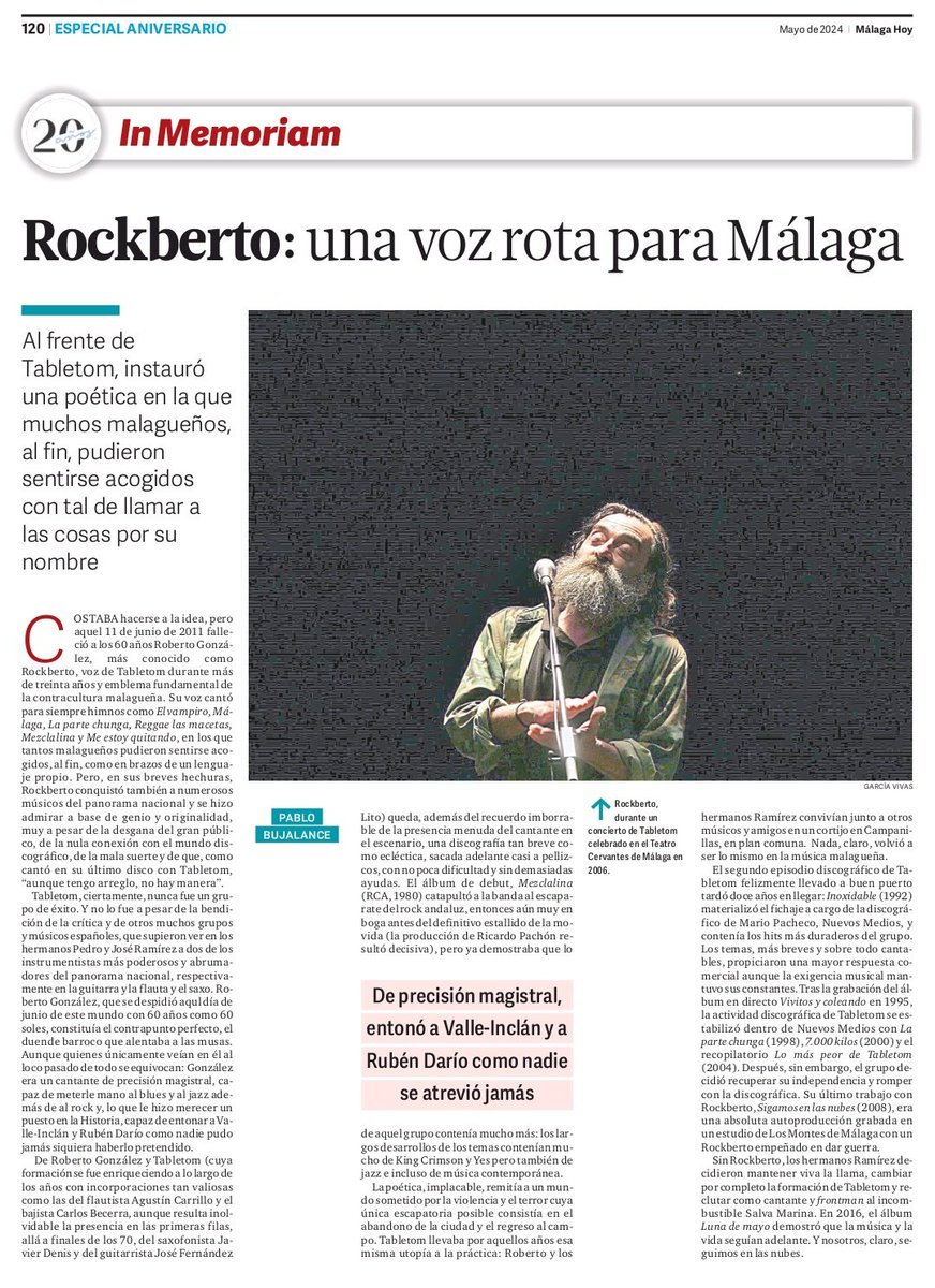 antonioescamez's tweet photo. ¡Bravo! al diario @malagahoy_es y a @pbujalance por incluir en su monográfico "20 Aniversario" al gran #Rockberto, el siempre recordado frontman de #Tabletom.
Sin duda la figura más destacada y representativa de la cultura (o contracultura) malaguita.
https://t.co/hkyHeSPLUi https://t.co/so6h0YlJu6