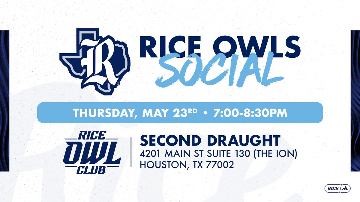 As we are nearing the end of the fiscal year, "The Barn" wants to invite everyone to our last Rice Owl Club Social of the year! 

Come out to our <a href="/RiceAthletics/">Rice Athletics 👐</a> Happy Hour Social at <a href="/Second_Draught/">Second Draught</a> on Thursday, May 23rd from 7:00 PM to 8:30 PM! 

RSVP⤵️
bit.ly/3V834Nu