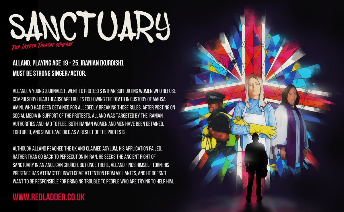 redladder's tweet photo. ⏰EXTENDED ACTOR CALL OUT #Sanctuary
We have extended the deadline for the roles of: 
🎭Alland playing age 19 - 25 Iranian [Kurdish]
🎭Kamran playing age 24- 30 British [Pakistani]
Can you help us find 2 belting actor singers?
Thank you x
#actorcallout https://t.co/wTCrdTyCQs