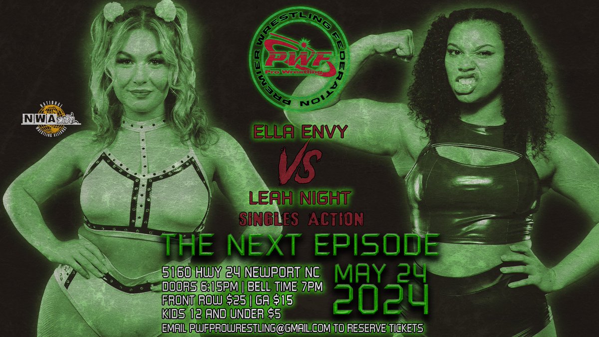 ‼️MATCH ANNOUNCEMENT‼️ After an impressive debut last month, Leah Night is back and she takes on NWA star Ella Envy this Friday night! Friday, May 24th Carolina Wrestling Academy 5160 Hwy 24, Newport, NC #PWFNextEpisode will be LIVE on IWTV!