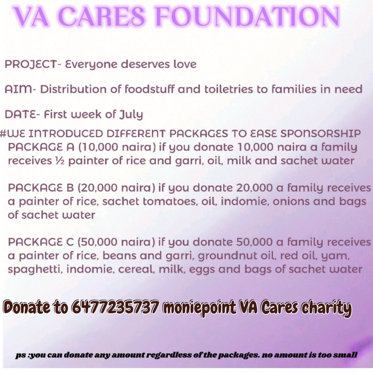 alma_oa's tweet photo. You guysssssss
@VACaresfound is back and we're planning to visit low income homes and share foodstuff to them
We're still working on our visitation to school to share free sanitary pads
Please donate 6477235737 moniepoint https://t.co/Oa0GsyAebj
