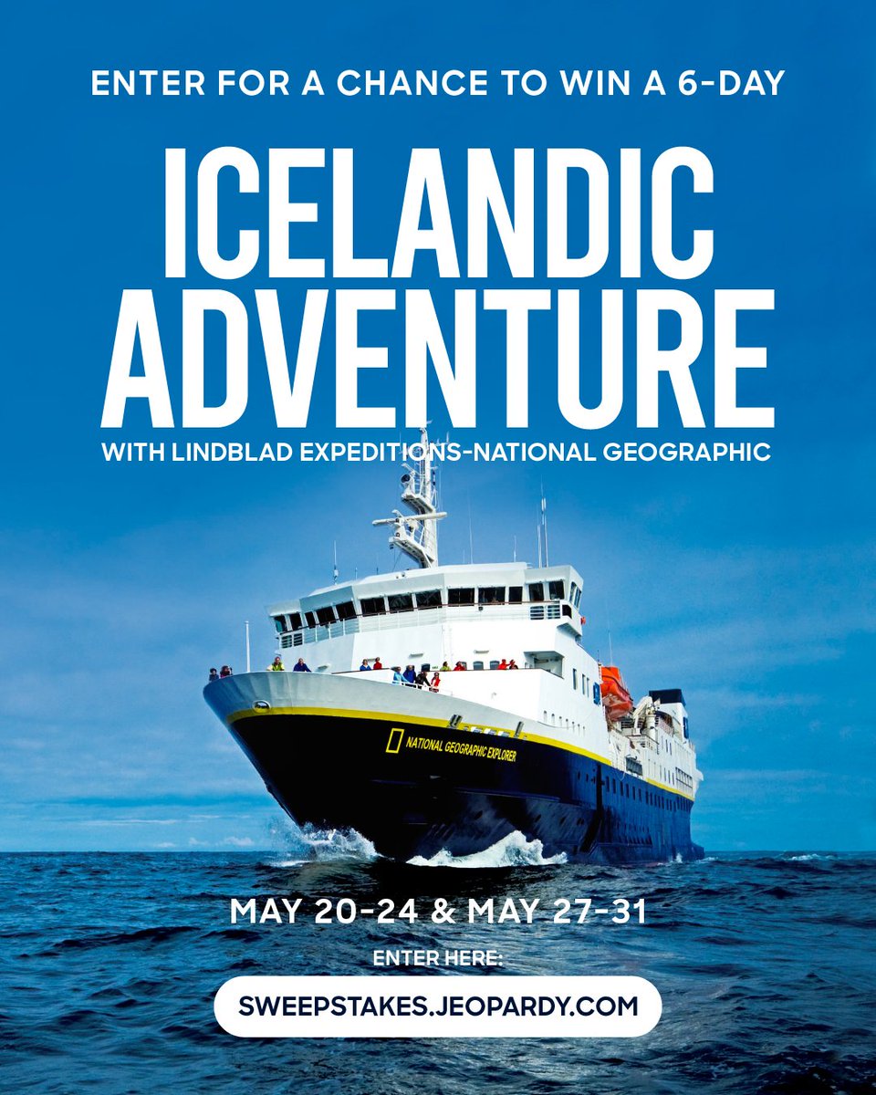 Looks like you need to get away 😎✈️ Enter for a new chance to win an Icelandic vacation courtesy of @lindbladexp-National Geographic every night from May 20–24 and May 27–31. How to Enter: - Tune in to Jeopardy! every weekday - Visit sweepstakes.jeopardy.com and enter the Final
