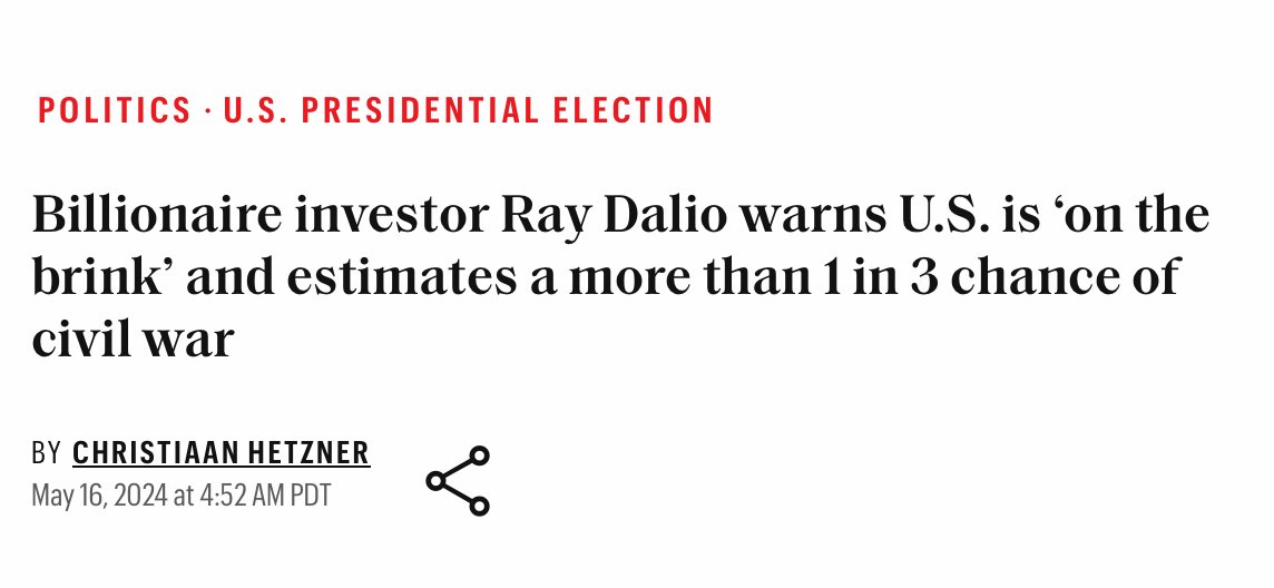 DalioTracker's tweet photo. Billionaire Ray Dalio warned the probability of a US civil war is as high as 40%. https://t.co/8JSTslRq1m