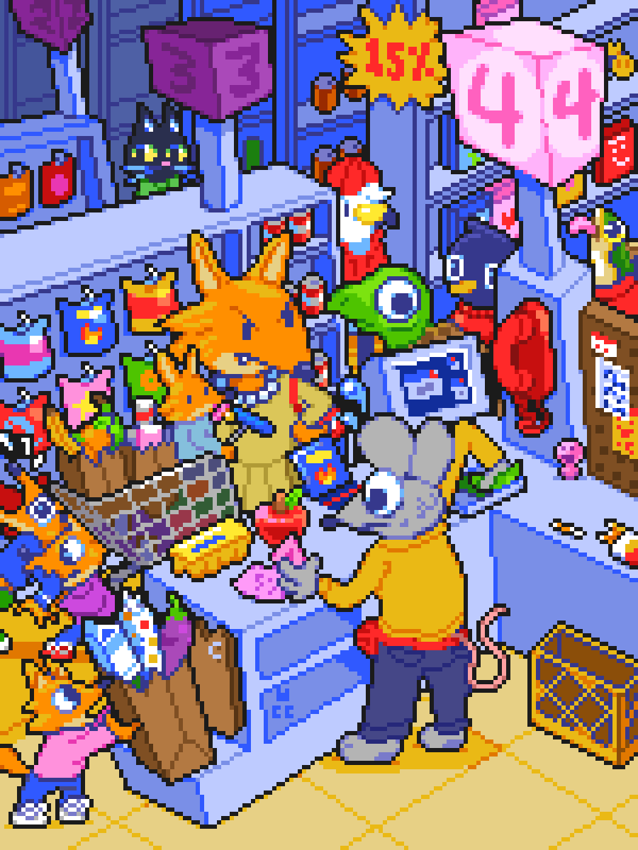 CoinCrown23's tweet photo. Busy day at animart 🛒🐭
#pixelart #aseprite https://t.co/4WALVL5RZC