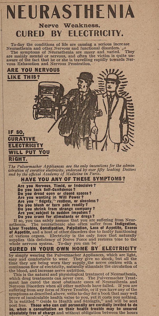 Old medical ads are so interesting

Who has neurasthenia? Electrical medicine?