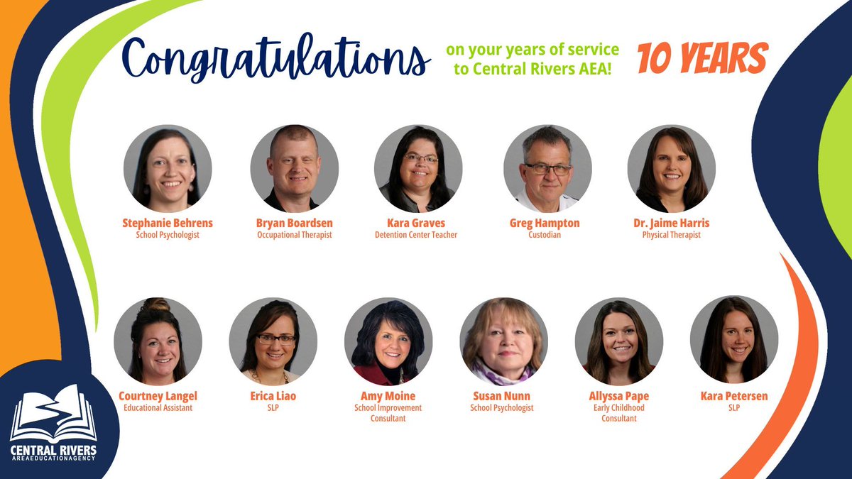 CentralRivers's tweet photo. We’d like to take a moment to recognize our group of staff who have served Central Rivers AEA for 10 years! 👏  Thank you for your dedication &amp; expertise toward the students, educators &amp; families in our communities all of these years! 🙌  #CRAEA #10yearsofservice #rockstars https://t.co/mZAvT7pNpJ