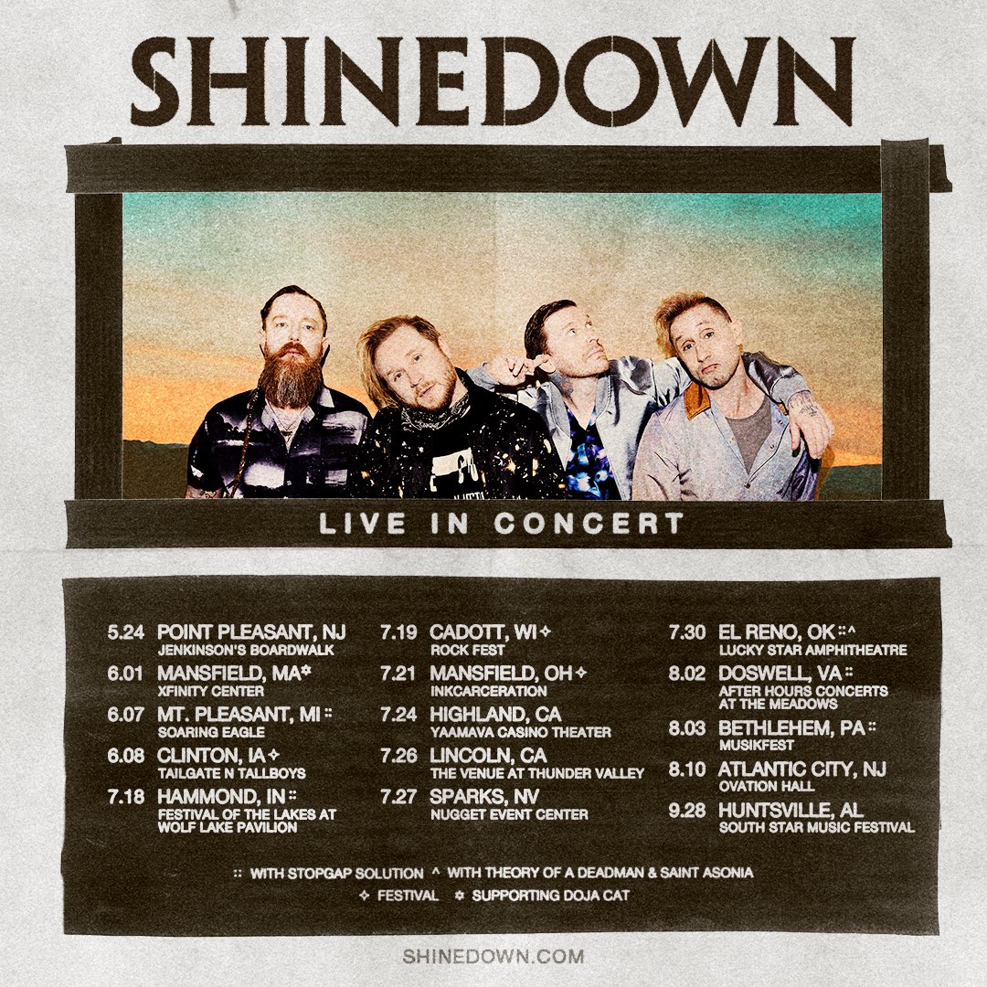We’re stoked to be hitting the road this summer for an incredible lineup of festivals and headline summer dates. 💥🤘 It all begins Memorial Day Weekend. Which shows will we see you at?!! 🎫 Shinedown.com #ShinedownSummerTour #ShinedownNation
