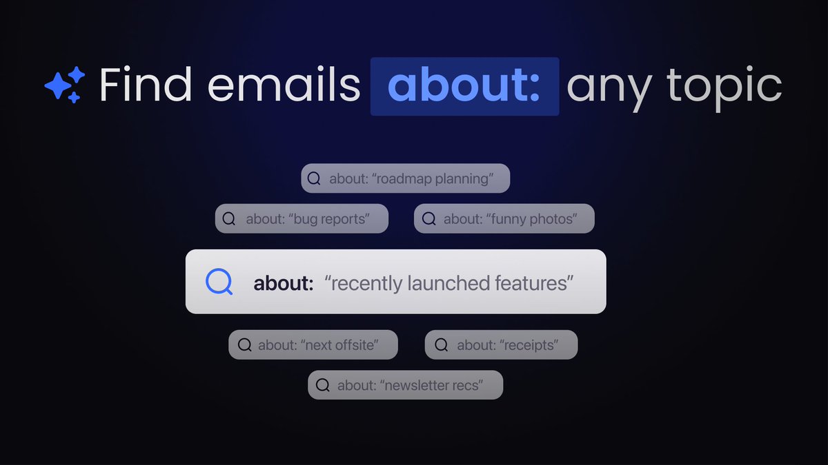 Introducing the new AI-powered about: search term Find emails fast with a simple description instead of exact keywords Try searching about:'rebrand project updates' or about:'pricing feedback'