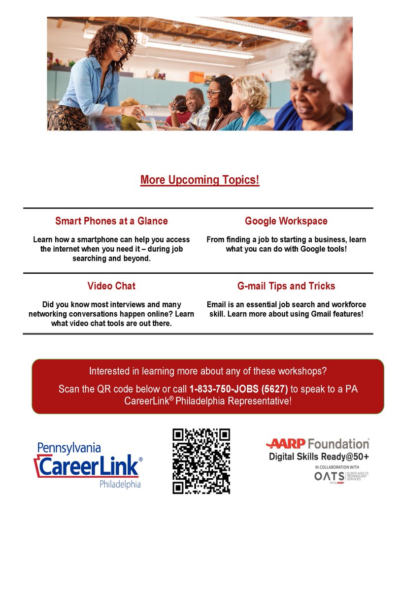 Free Digital Skills workshops for Seniors! Learn Zoom, LinkedIn, Google Workspace, telemedicine, and more with Digital Skills Ready@50+. Stay connected and sign up now. Call 1-833-750-JOBS or visit eventbrite.com/cc/aarp-digita…. #TechWorkshops