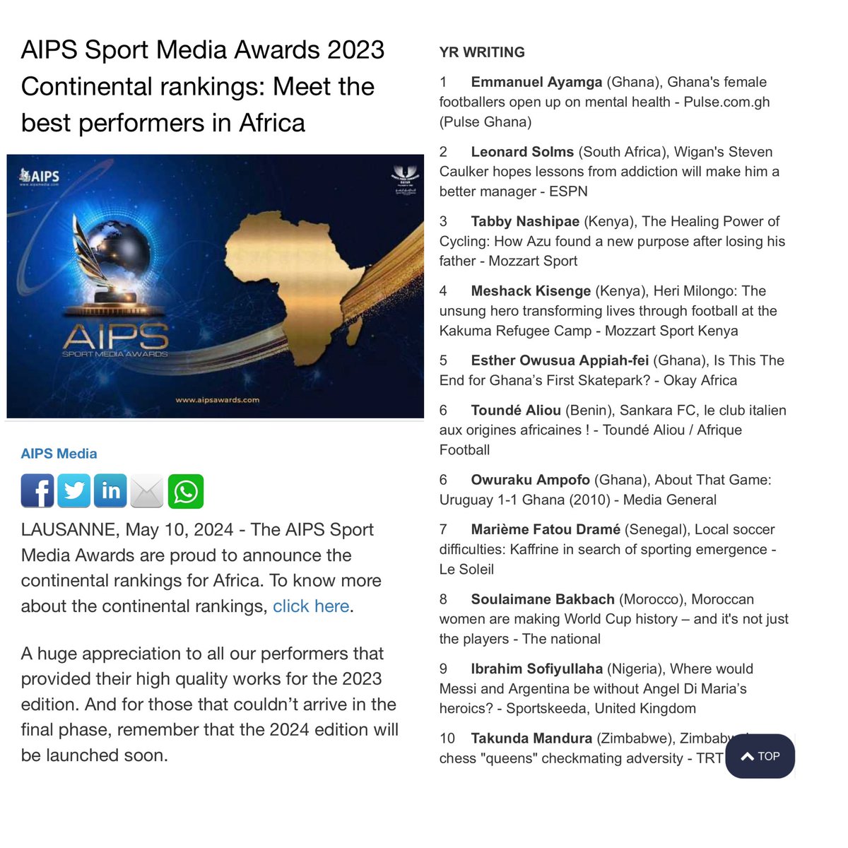 EmmanuelAyamga_'s tweet photo. No.1 in Africa. Proud to see my story on mental health in the women’s game in Ghana take the top spot in the continental rankings of the AIPS Sports Media Awards’ Young Reporters writing category. Also, congrats to @iamowusuaa and @_owurakuampofo ⭐️⭐️⭐️ https://t.co/Vmu7dG5ENm
