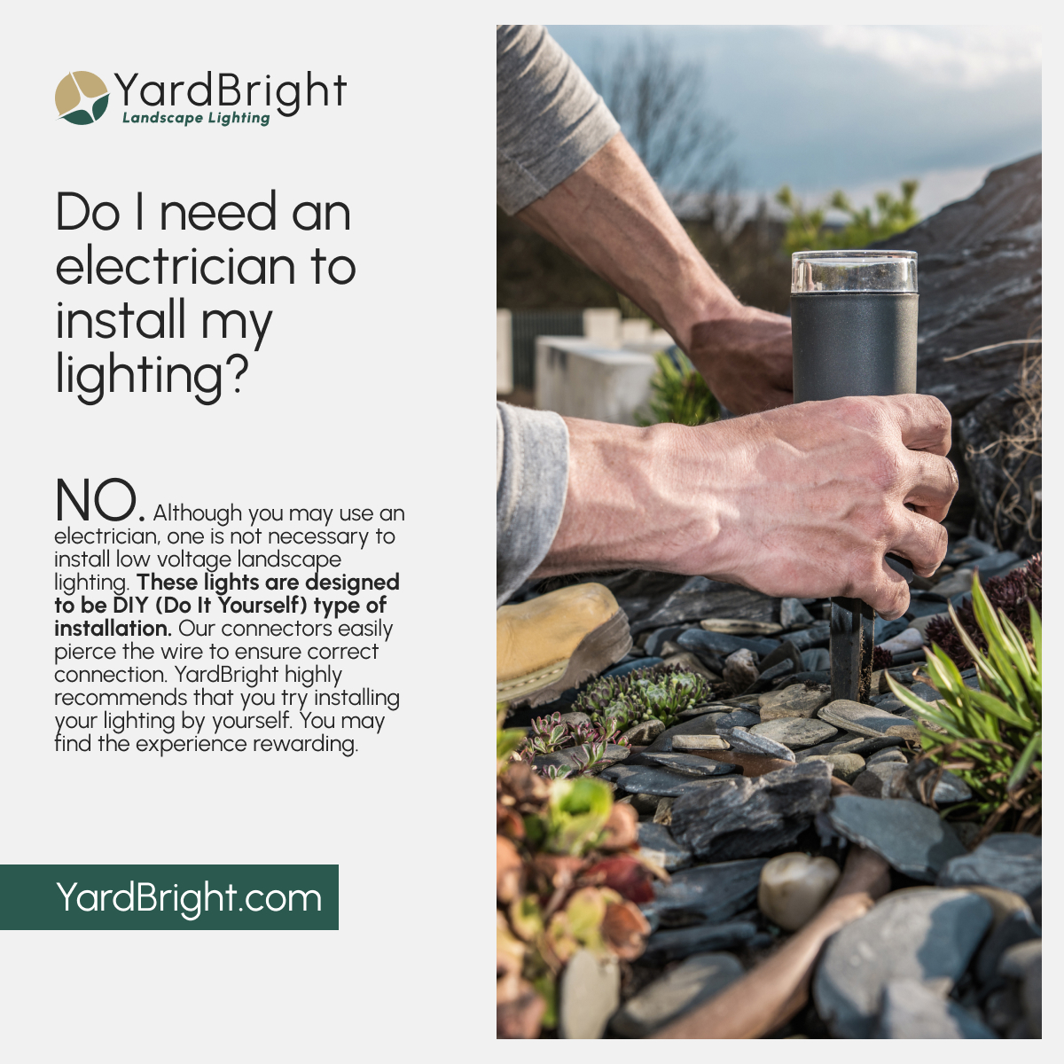 Do you need an electrician to install our lighting products? Nope! 

Our lights are designed to be DIY type of installation, but if you need assistance – we’re always happy to chat. Have questions? Contact us here: yardbright.com/contact-us/ 

#outdoorlighting #landscapedesign