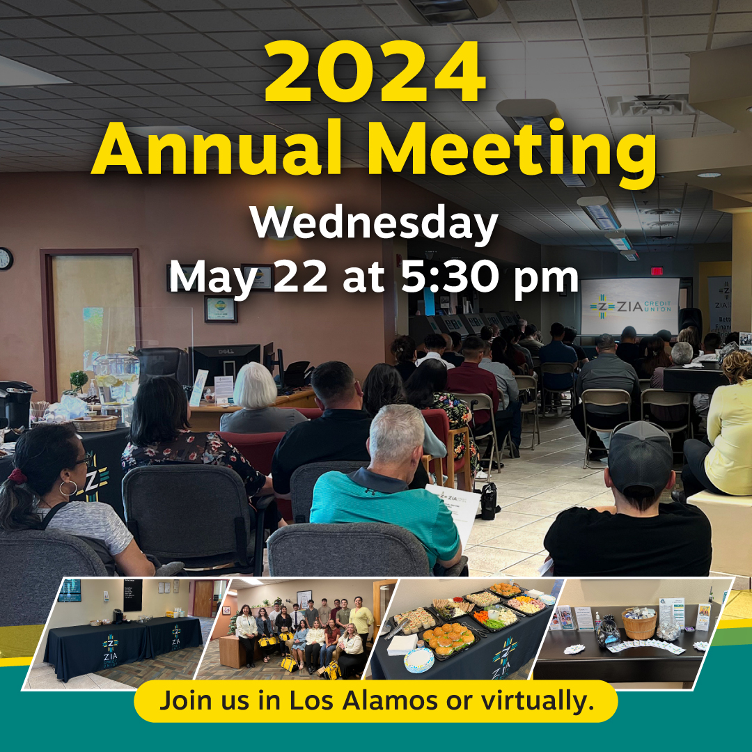 ZiaCreditUnion's tweet photo. Time is running out! Secure your spot at Zia's 69th Annual Meeting before it's too late! Join us in person or virtually on Wednesday, May 22, at 5:30 PM. RSVP now: https://t.co/OdeQV50wCC https://t.co/c88CNONfLm