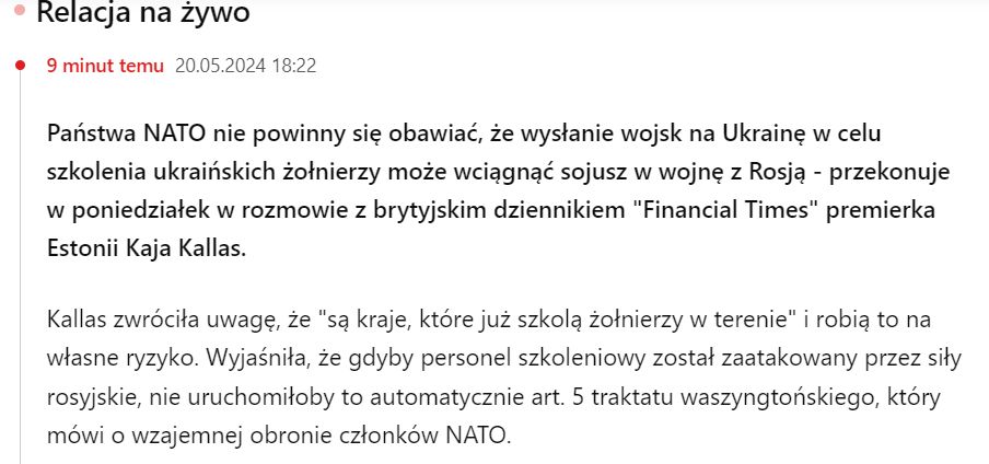 Premier Estonii Kaja Kallas powiedziała, że sojusznicy z NATO nie powinni obawiać się wciągnięcia w wojnę z Rosją, jeśli Estonia wyśle swoich żołnierzy na Ukraine

Pani Callas nawet nie wie, jak bardzo ma rację. W NATO prawdopodobnie nawet się zaśmiali. 
Bo jeśli w tym przypadku
