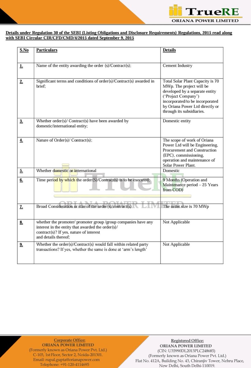 Exciting news! 🌞 #OrianaPower has secured a 70 MWp ground-mounted solar power plant order in Rajasthan under the Captive Segment. They'll handle Engineering, Procurement, Construction (EPC), commissioning, and 25 years of operation & maintenance. Construction: 9 months. 🚀