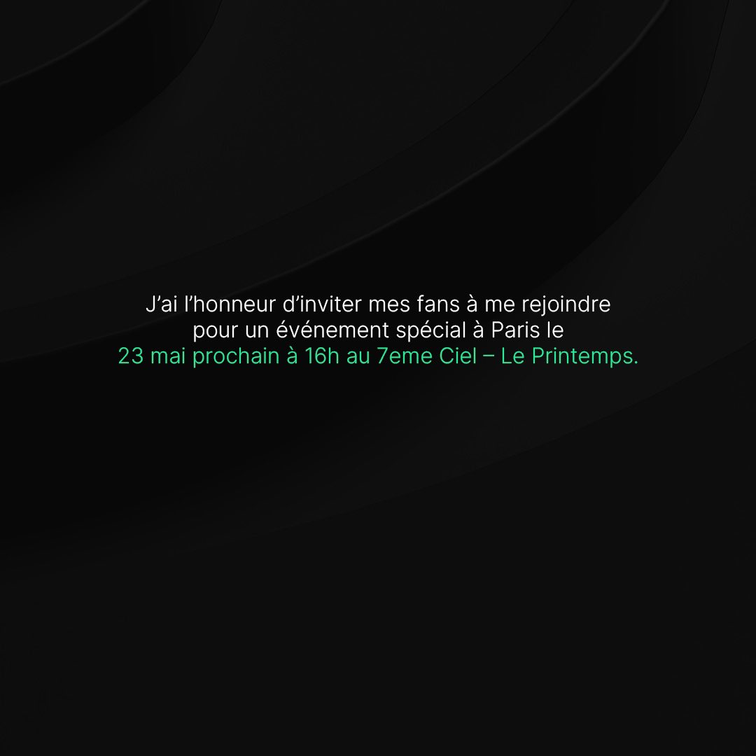 J’ai l’honneur d’inviter mes fans à me rejoindre pour un événement spécial à Paris le 23 mai prochain à 16h au 7eme Ciel - Le Printemps. Inscrivez-vous sur le lien ici: eventbrite.fr/e/afterwork-se…