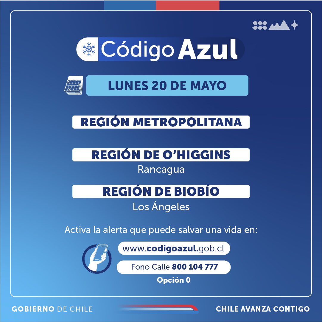SeremiSaludRM's tweet photo. A partir de las 17 horas, se activará el #CódigoAzul en la #RM.

Recuerda que la alerta puede salvar una vida, si ves a alguien en situación de calle llama al #FonoCalle 800 104 777, opción 0. 📲 https://t.co/zreyFiPcQT