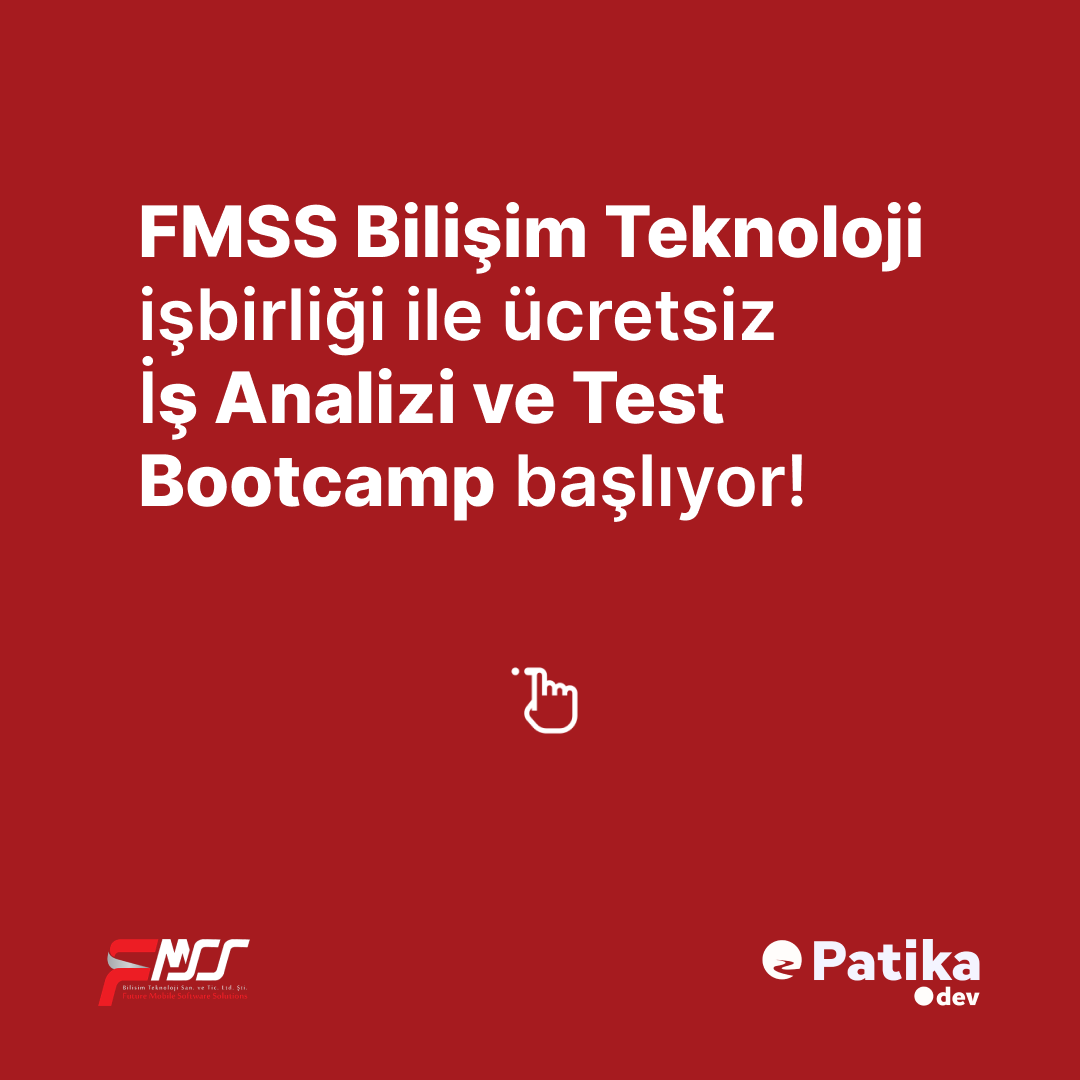 🚀 @FmssGlobal iş birliği ile düzenlediğimiz İş Analizi & Test Bootcamp başlıyor! 🔗patika.dev/bootcamp/fmss-… Sen de bu ücretsiz bootcamp'e katılarak yazılım kariyerine FMSS Bilişim Teknoloji ekibinde başlamak istiyorsan şimdi başvur, bu fırsatı kaçırma!🎉