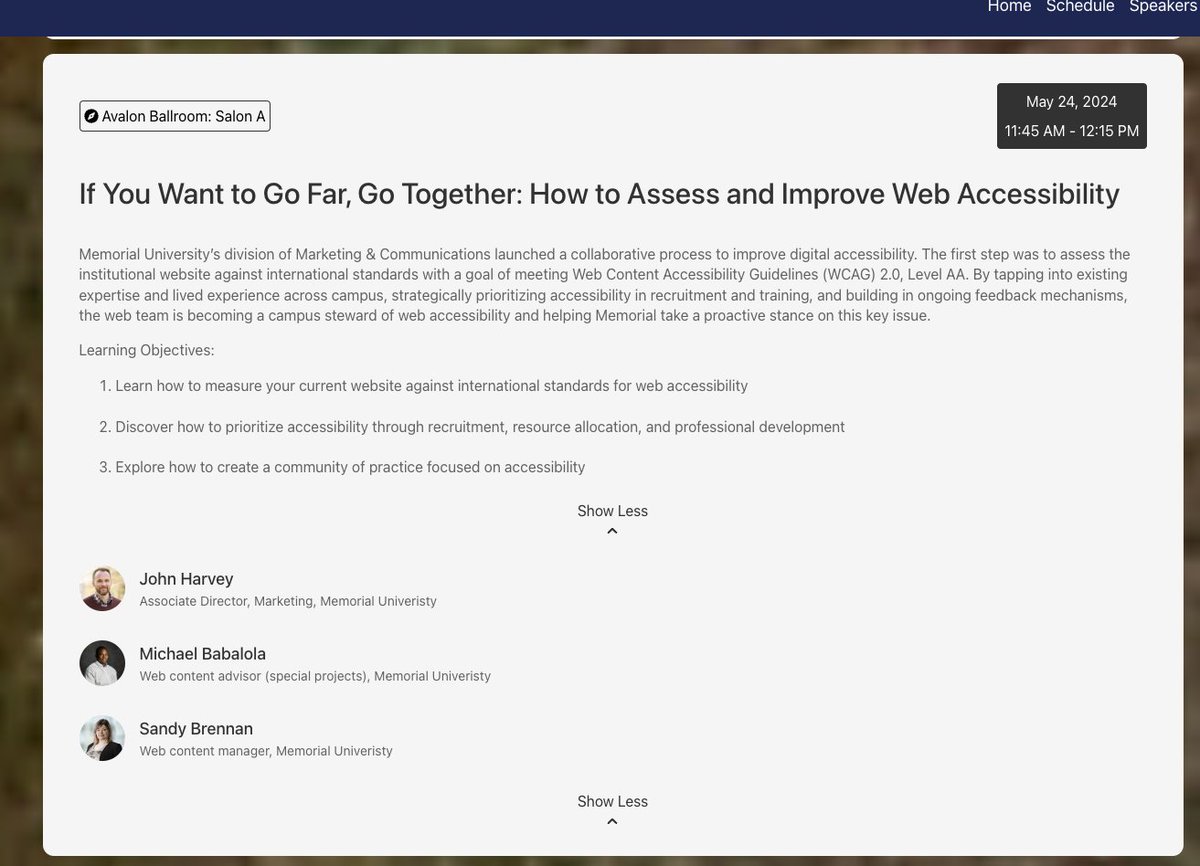 This Friday, I'll be speaking with Sandy Brennan &amp; John Harvey at the CCAE National Conference 2024! 🎉 

We'll discuss how Memorial University is enhancing web accessibility. Excited to share insights and learn from others! #CCAE2024 #WebAccessibility