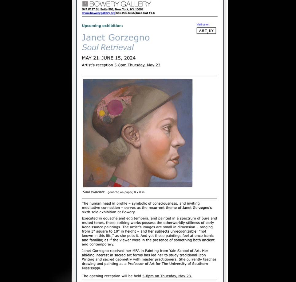 BoweryGallery's tweet photo. Janet Gorzegno
Soul Retrieval

MAY 21–JUNE 15, 2024
Artist's reception 5-8pm Thursday, May 23

Show images
https://t.co/ATakZdoXd4

Hrs: 11am to 6pm Tue – Sat https://t.co/dudoK1bWEl