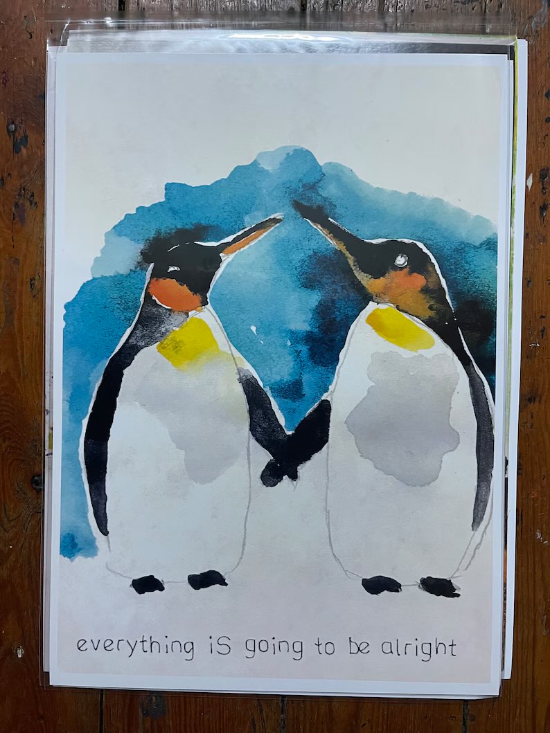 Stunning signed A3 print watercolour penguins holding hands ‘Everything is going to be alright’ etsy.com/uk/listing/109…