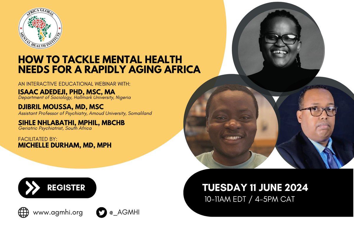 Join us for another educational webinar on the mental health needs of aging populations from various perspectives across Africa.  

🗓️ 11 June 2024  
⏲️10-11am ET / 4-5pm CAT  

Register: bostonmedicalcenter.zoom.us/meeting/regist…