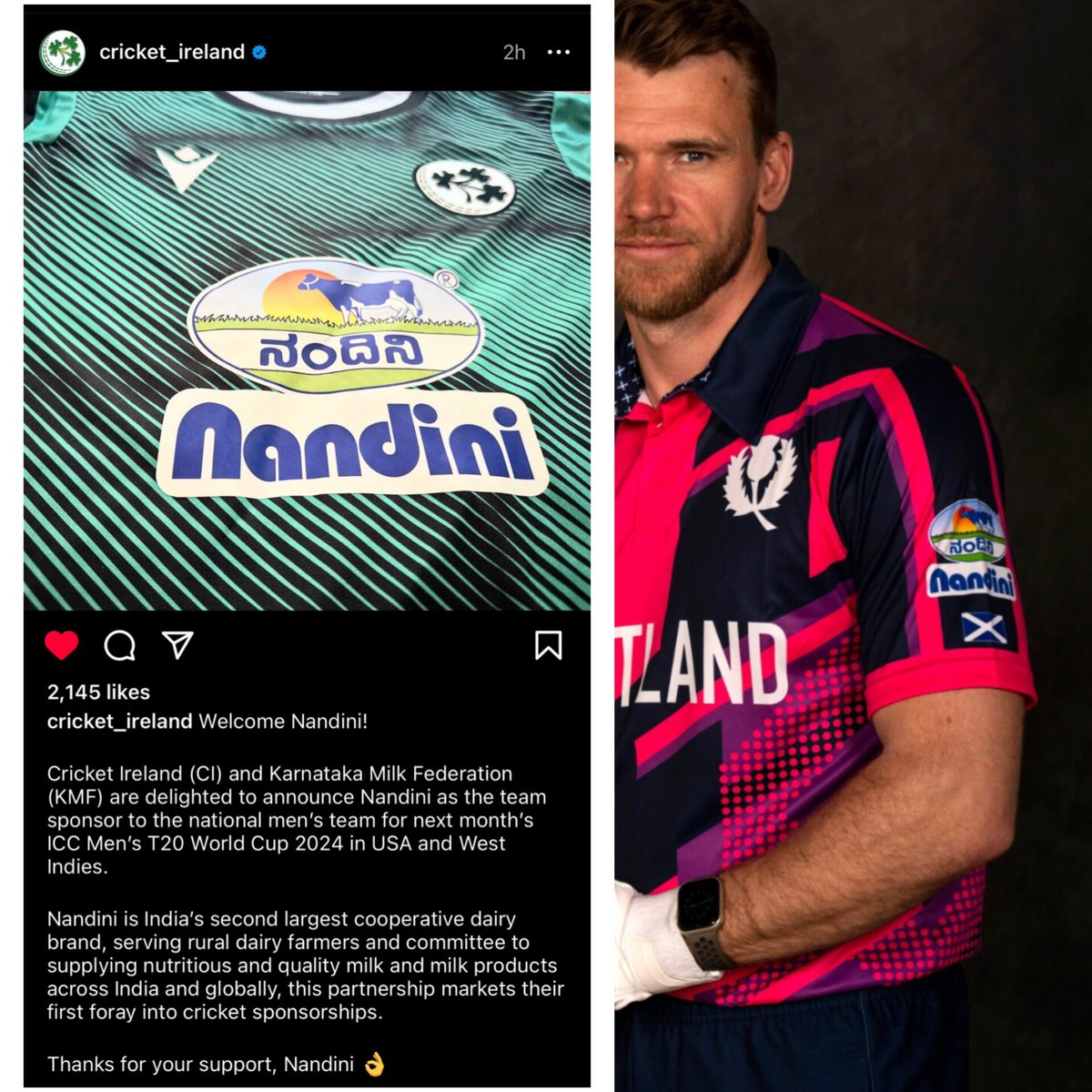 After Scotland now Ireland to be sponsored by Nanndini ,Brand from Karnataka💛❤ All the best @cricketireland & @CricketScotland both teams🙌 'ನಮ್ಮ ನಂದಿನಿ ನಮ್ಮ ಹೆಮ್ಮೆ'
