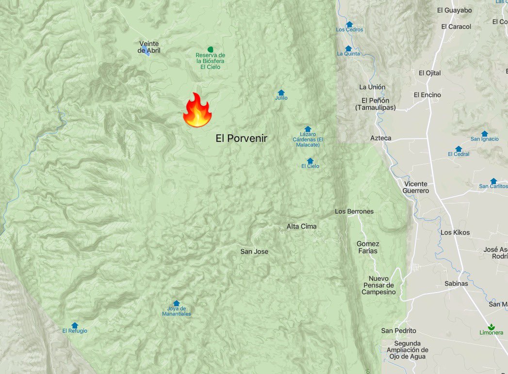 MeteoroTamps's tweet photo. ⚠️🔥ATENCIÓN: se detecta un probable segundo #IncendioForestal en la Reserva de la Biosfera El Cielo 🐆 cerca de los Ejidos #VeinteAbril - #LázaroCardenas - Gómez Farías.

Desafortunadamente las condiciones son favorables para una descontrolada propagación. 😥 https://t.co/qJEt8xmmI6