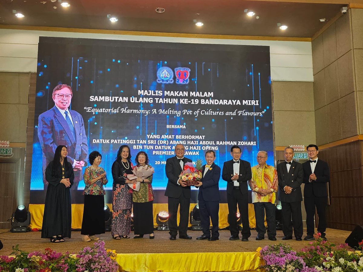 Dinner in conjunction with Miri City Day 2024
 
Represent Premier Abg Jo as GOH. 
 
Miri City is not just one of 3 cities in East Malaysia,a city of significant economic contributions beyond Oil & Gas, ecotourism, education, agriculture (oil palm…)