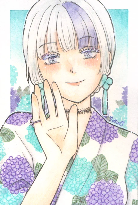 紫陽花浴衣#透明水彩 #アナログ絵 