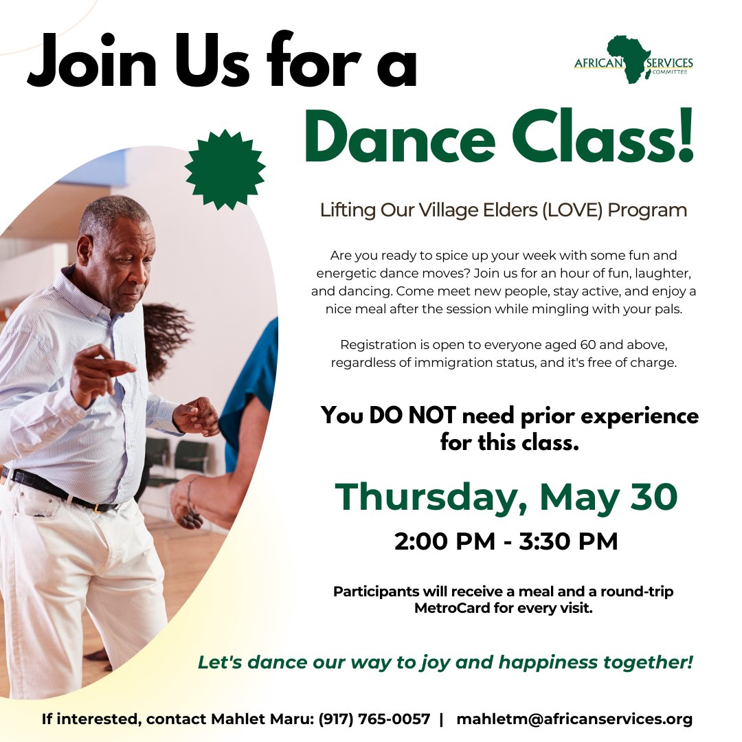 AfricanServices's tweet photo. Ready to spice up your week with fun and energetic dance moves? Join us for an hour of laughter, dancing, and community! 🎉🕺💃
Open to everyone aged 60 and above, regardless of immigration status, and it's completely free! ❤️
#AfricanServices #HarlemNY #LOVEProgram https://t.co/ESXcoAQZjZ