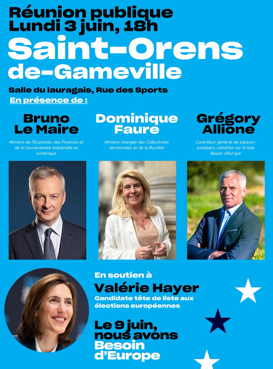 #Europe | Je vous donne rendez-vous le 3 juin à 18h00 aux côtés de @BrunoLeMaire et @GregoryAllione à Saint-Orens-de-Gameville pour soutenir @ValerieHayer ! 📆 Le 9 juin, un seul jour, un seul tour, nous avons @BesoindEurope ! 🇪🇺