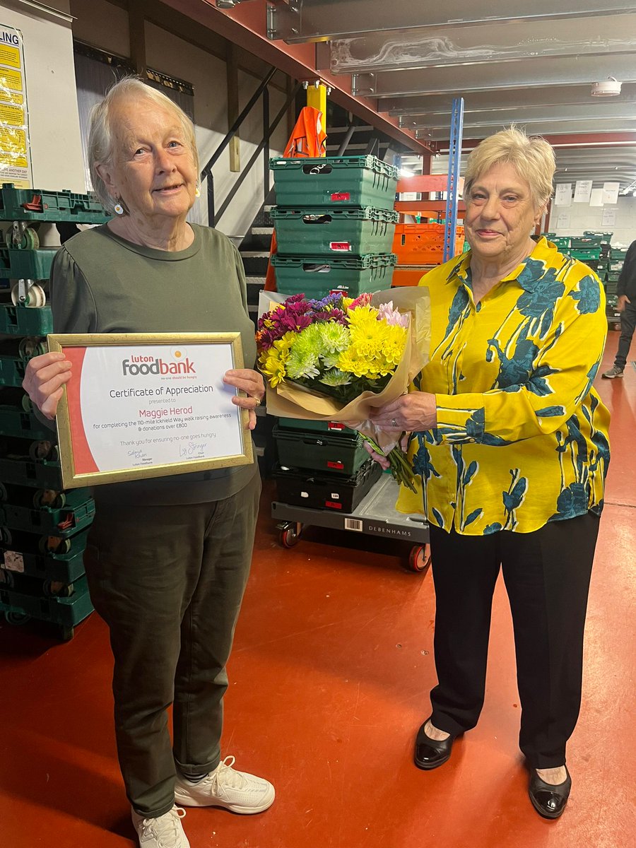 Volunteer Maggie walked 110 miles raising money & awareness for Luton Foodbank. Here, she's being presented flowers & a certificate by our Chair, Liz Stringer. Thank you, Maggie. What an achievement! There's still time to support Maggie's fundraising. justgiving.com/campaign/maggie