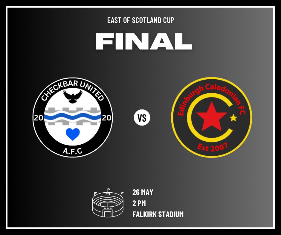 Checkbar United AFC (@checkbarutdafc) on Twitter photo EAST OF SCOTLAND FINAL🏆
Get along to Falkirk stadium this Sunday and support the lads as we take on this season’s Scottish Cup finalists <a href="/EdburghCaleyFC/">Edinburgh Caledonian</a>. Our biggest game to date and a chance to win major silverware for the first time🇪🇪
<a href="/ScotAmFAEastS/">SundayEastofScotland</a> EAST OF SCOTLAND FINAL🏆
Get along to Falkirk stadium this Sunday and support the lads as we take on this season’s Scottish Cup finalists <a href="/EdburghCaleyFC/">Edinburgh Caledonian</a>. Our biggest game to date and a chance to win major silverware for the first time🇪🇪
<a href="/ScotAmFAEastS/">SundayEastofScotland</a>