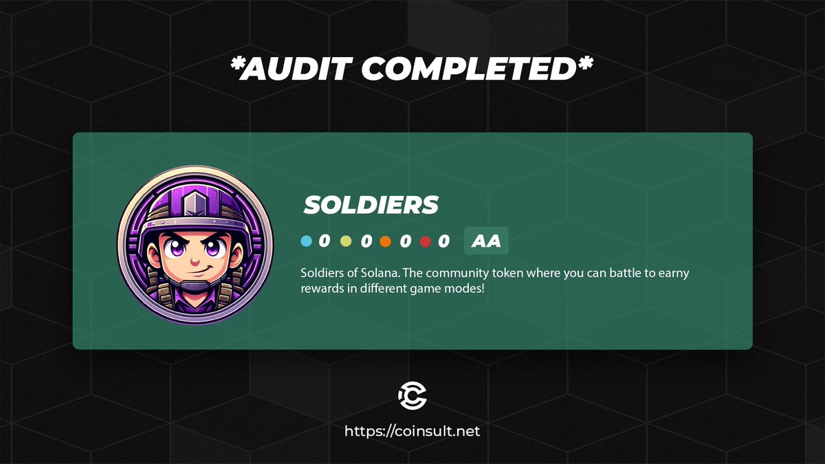 CoinsultAudits's tweet image. 🔒 AUDIT COMPLETED FOR SOLDIERS

🎁 GIVEAWAY: $50 (48 hours)

1⃣ Follow @soldierstoken &amp;amp; @CoinsultAudits
2⃣ Like + RT this tweet
3⃣ Place a comment 💬

Go check out the full project page of Soldiers 👇
coinsult.net/projects/soldi…

#giveaway #audit #smartcontract #cryptogiveaway…