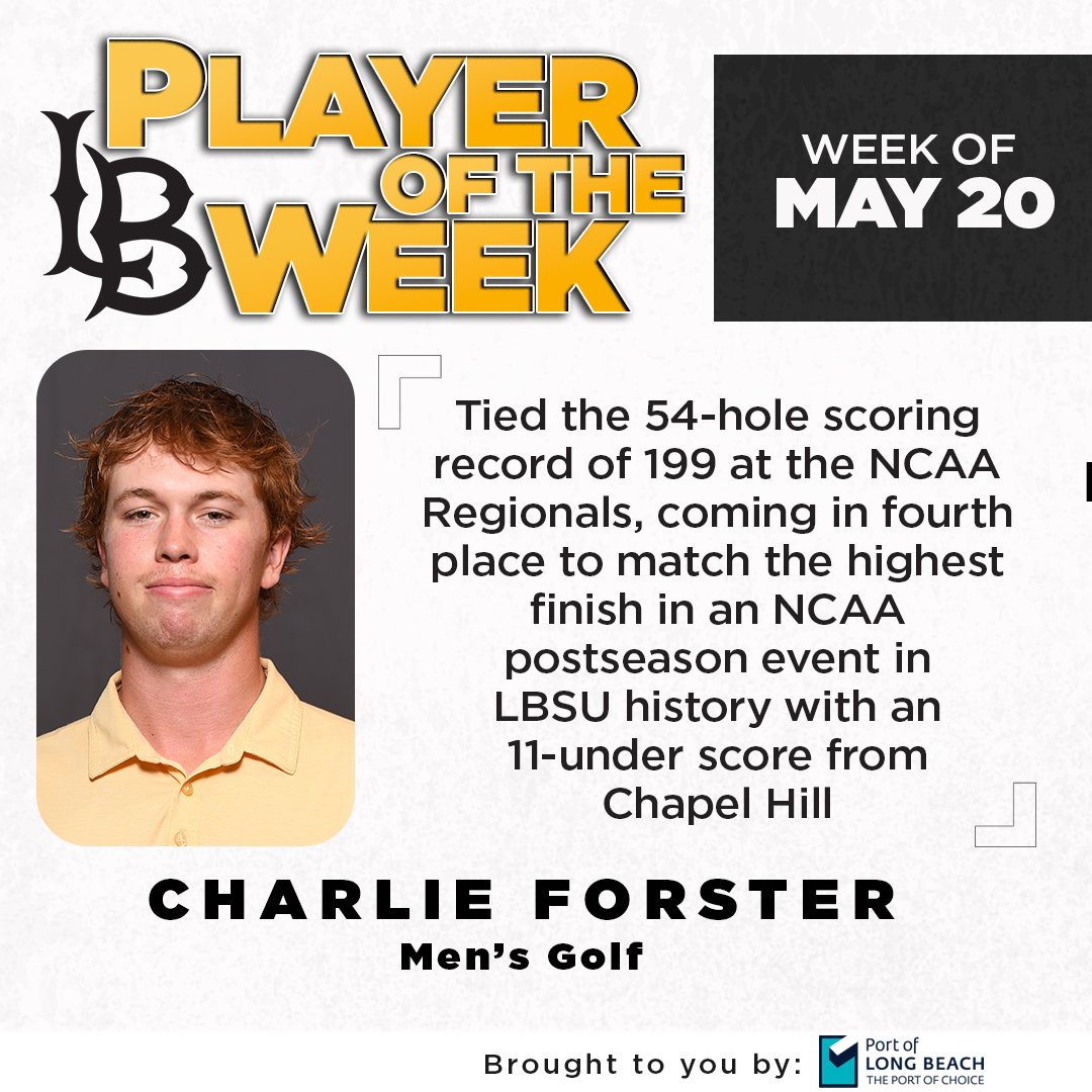 Charlie Foster is our Player of the Week, presented by @portoflongbeach! Forster tied the 54-hole scoring record for @LBSUMGolf on the way to a fourth-place finish at the NCAA Chapel Hill Regional. That was tied for the best individual finish at an NCAA event for LBSU. #GoBeach