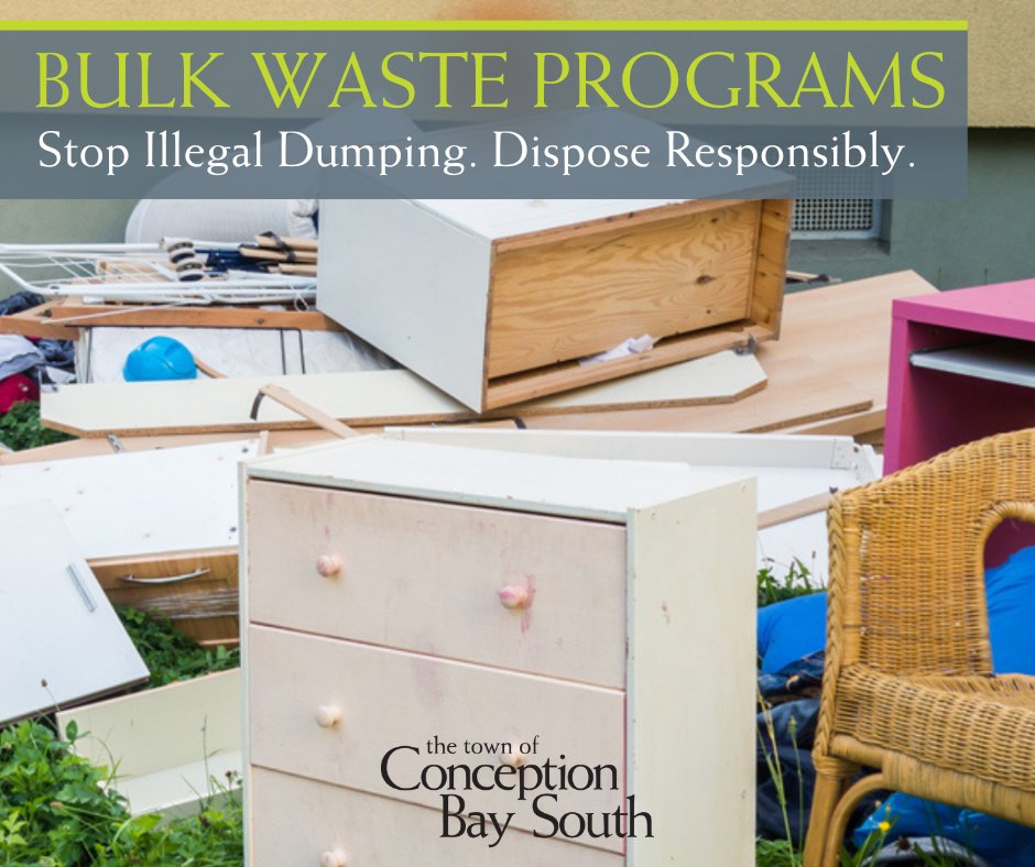 The Town's last bulk garbage drop-off date for this spring is Saturday, May 25. Visit our drop off location at 43 Gateway Drive to get rid of furniture, appliances, mattresses and more. The bins open at 8 a.m. and are removed when filled.  Learn more: conceptionbaysouth.ca/services/garba…