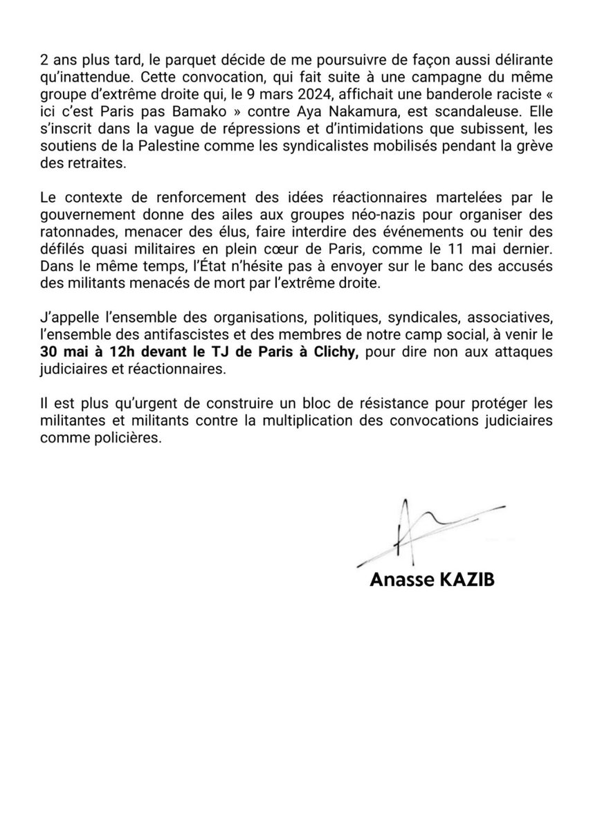 🔴 Le 30 mai prochain, l'Etat me poursuit pour les prises de paroles tenues devant la Sorbonne en 2022, après l'annulation de ma conférence sous pression du groupe d'extrême-droite 'Les Natifs'. Les fachos manifestent librement, mais ceux qu'ils attaquent finissent en procès ⤵️