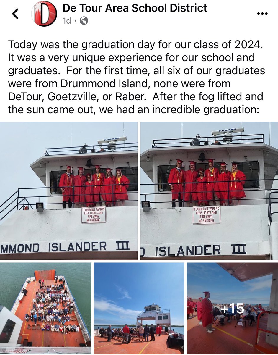 Our senior class this year (6 students!) had their graduation ceremony on the ferry boat! 😍

Such a fun, cool idea.