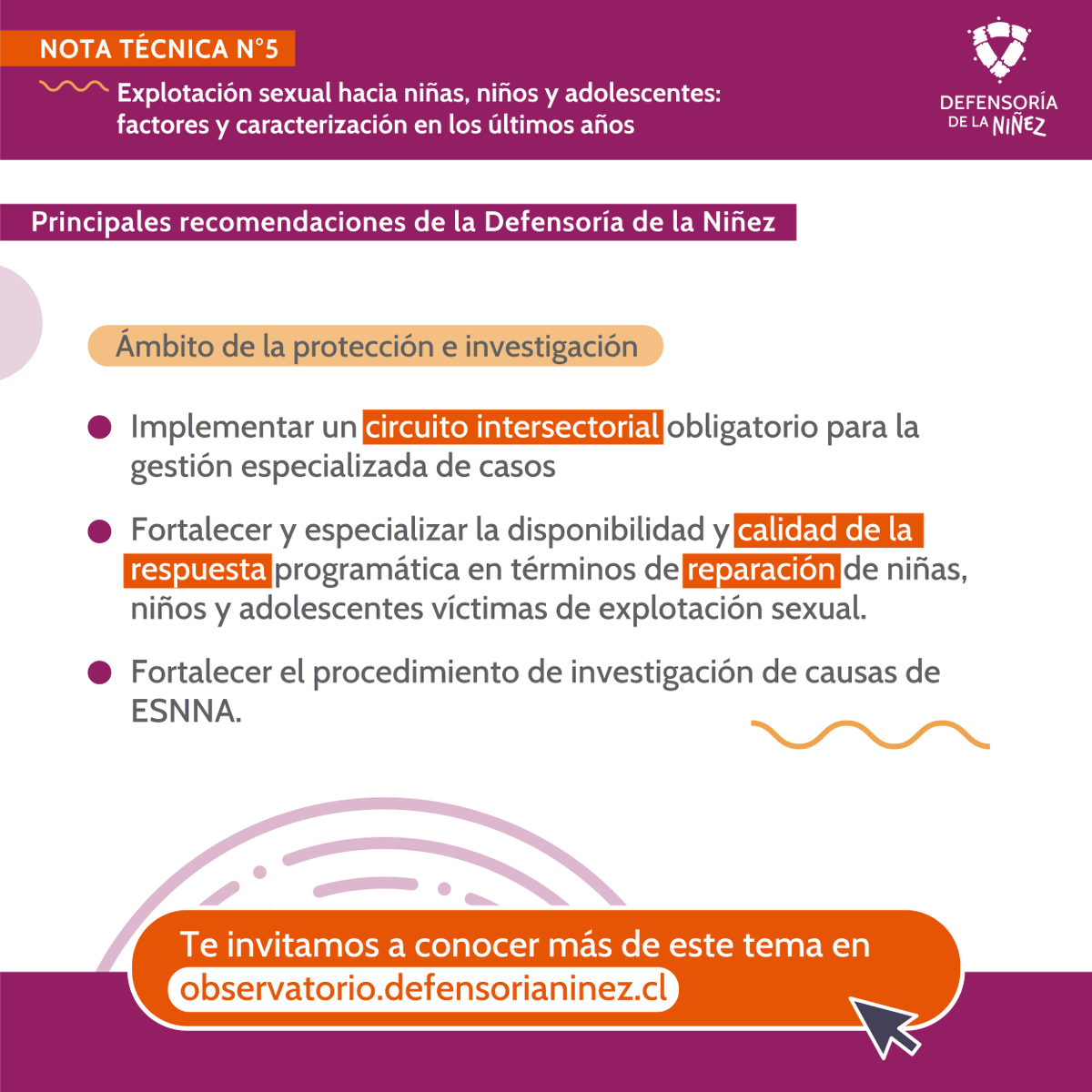 Además de entregar una caracterización de la explotación sexual de niños, niñas y adolescentes en Chile, nuestra Nota Técnica 5 presenta recomendaciones a diversos organismos del Estado para poder abordar con urgencia y oportunidad este grave delito. 🔗👇🏼 observatorio.defensorianinez.cl/2024/05/13/not…