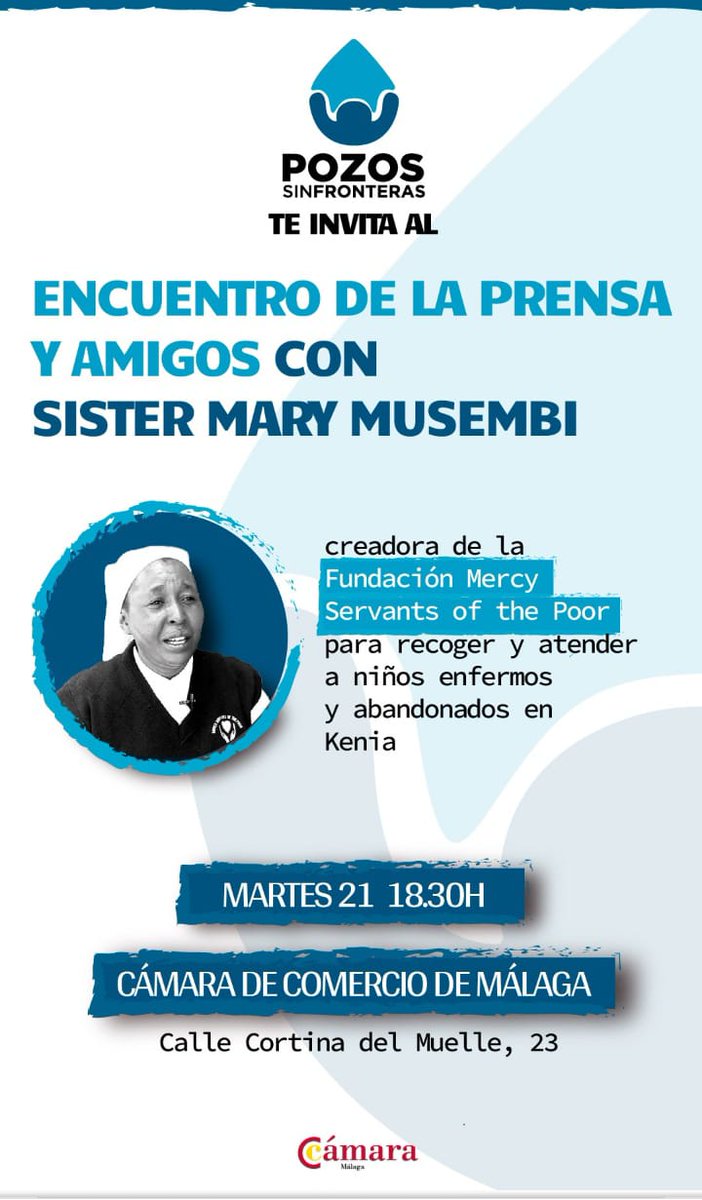 ONGPozos's tweet photo. Este martes tenemos una cita muy especial con Sister Mary Musembi, que está en #Málaga para contarnos su labor en Kenia en favor de niños enfermos y abandonados.

Te esperamos en la sede de @Camara_Malaga a partir de las 18.30 h. para conocer su vocación de entrega con los demás. https://t.co/yII9S1SSYP