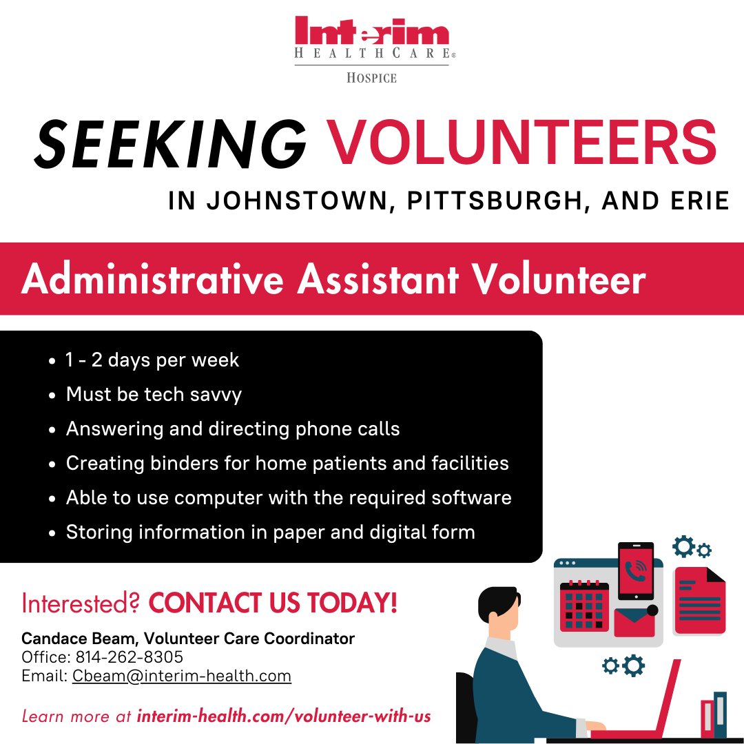 🌟 Calling all tech-savvy individuals in Johnstown, Pittsburgh, and Erie! 🌟Currently seeking Administrative Assistant volunteers to join our team 1-2 days per week! 📋📂📧

#IHCMakeADifference #VolunteerOpportunity #TechSavvy #JoinOurTeam