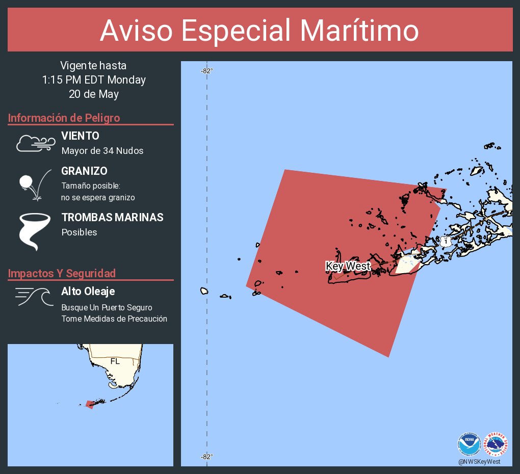 Aviso Especial Marítimo incluye Aguas del Golfo desde el Este de Cabo Sable a Chokoloskee 20 a 60 MN hacia afuera y pasando 5 Fathoms y Estrecho de Florida desde el final oeste del Puente Seven Mile hasta el sur de Halfmoon Shoal hacia afuera 20 MN hasta la 1:15 PM EDT